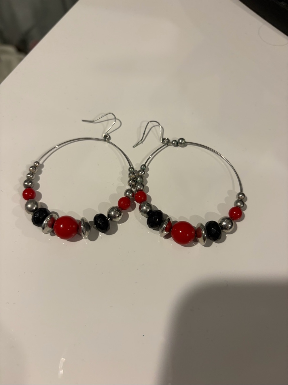 Silver Hoop Earrings with Red and Black Beads